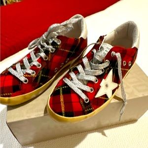 Red plaid, Golden Goose, Sz 37, bought new last Christmas, worn once, ECU.